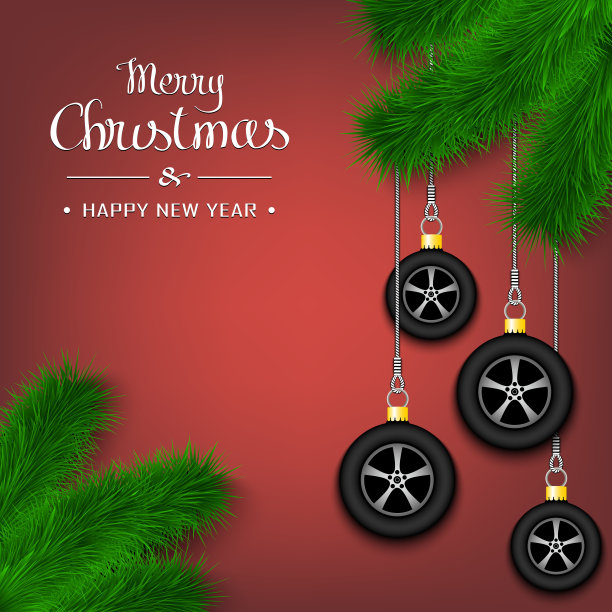 圣诞树树枝上的汽车轮子图片下载