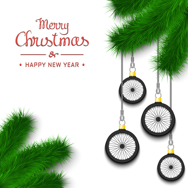 在圣诞树树枝上的自行车轮子图片下载