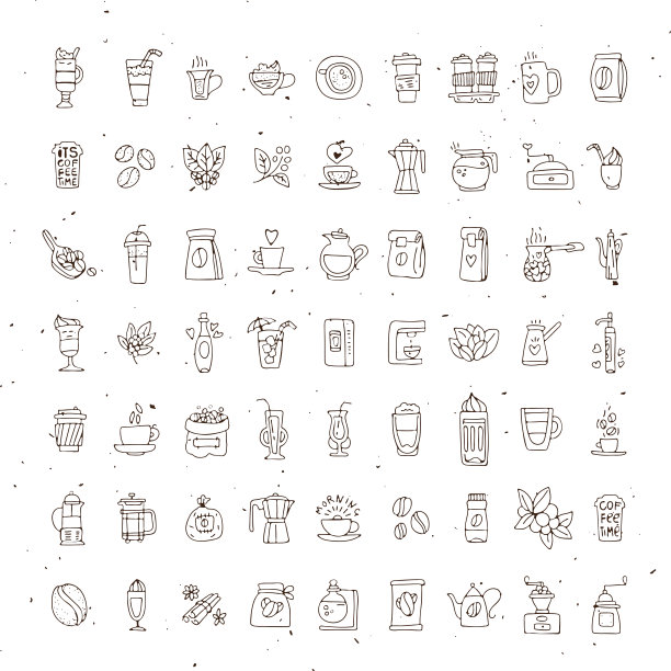 白色背景上的咖啡图标向量集。手绘咖啡图标，矢量涂鸦收藏。早晨的咖啡，带有咖啡标识、豆子、树叶、咖啡壶、杯子等配件图片下载