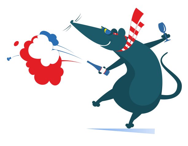 卡通老鼠或老鼠，瓶子和香槟飞溅孤立插图图片下载