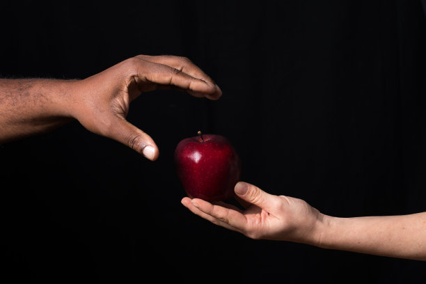 白手给了非洲手红苹果。多样性或宗教观念。情人节图片下载