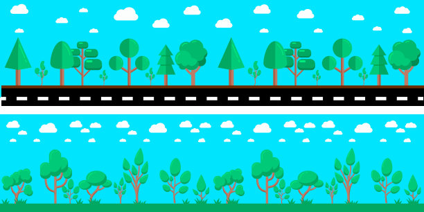 卡通城市景观与道路和树木。设计元素海报，横幅，传单，动画，运动设计。矢量图图片下载