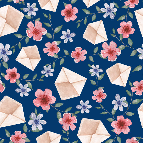 手绘复古图案与花，叶，信封。水彩无缝模式。图片下载