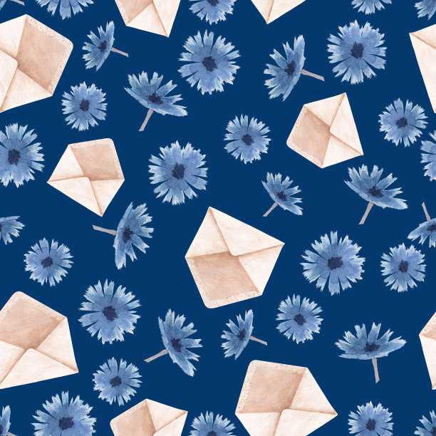 手绘复古图案与蓝色花朵和信封。水彩无缝模式。图片下载