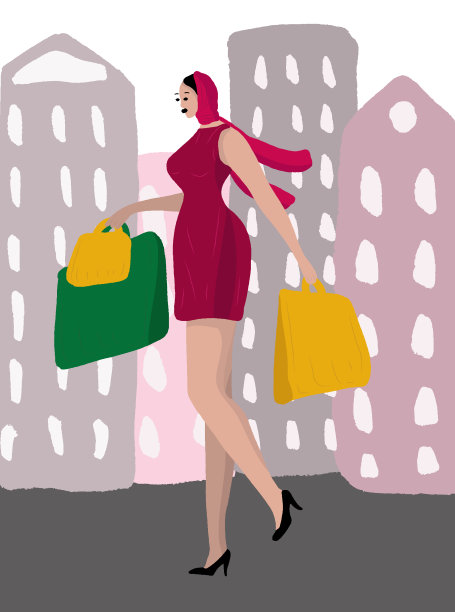 一个漂亮的女人围着围巾，穿着高跟鞋，拿着从商店买来的包裹走在城市里。女人日常生活，天天如此。放松。平面现代矢量孤立插图。购物。图片下载