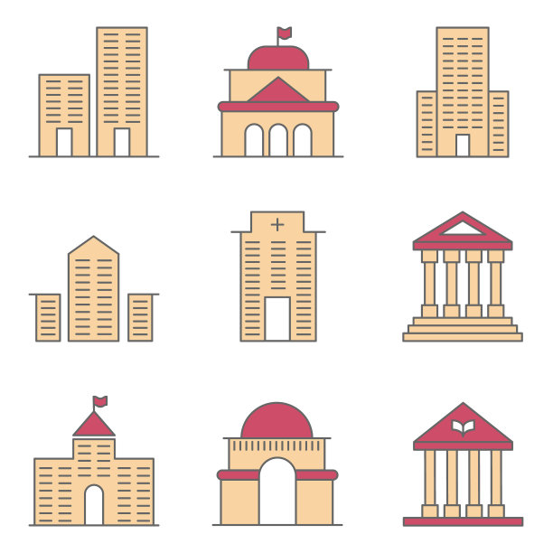 设置房地产建筑线业务图标包以公寓、办公、银行、医院、酒店、政府矢量平面设计图片下载