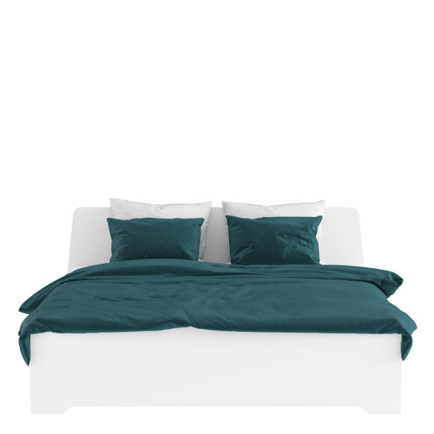 一张白色大双人床，白色底有枕头和毯子。三维渲染图片下载