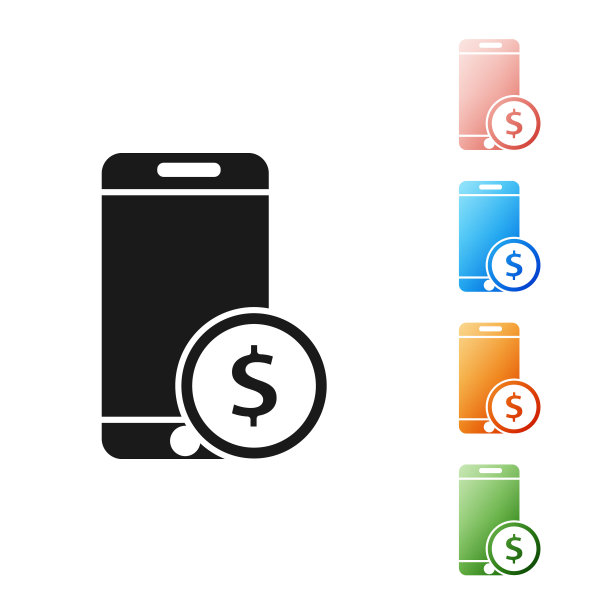 黑色智能手机与美元符号图标孤立在白色背景。网上购物的概念。金融的手机。在线支付。设置图标丰富多彩。矢量图图片下载