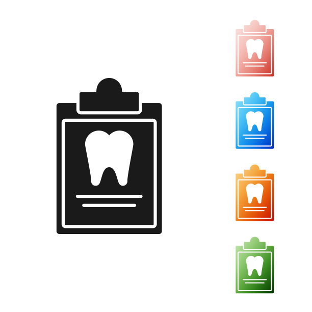 黑色剪贴板，白色背景上有孤立的牙科卡或病人医疗记录图标。牙科保险。牙科诊所的报告。设置图标丰富多彩。矢量图图片下载