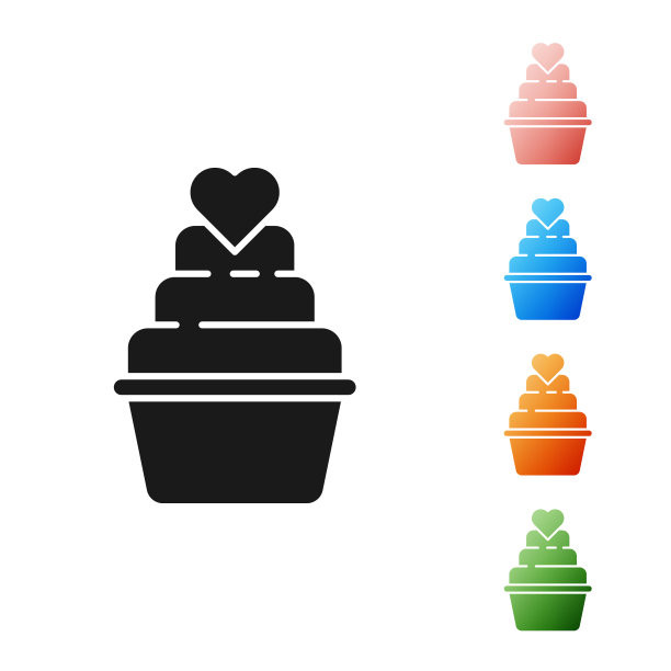 黑色婚礼蛋糕与心图标孤立在白色背景。设置图标丰富多彩。矢量图图片下载