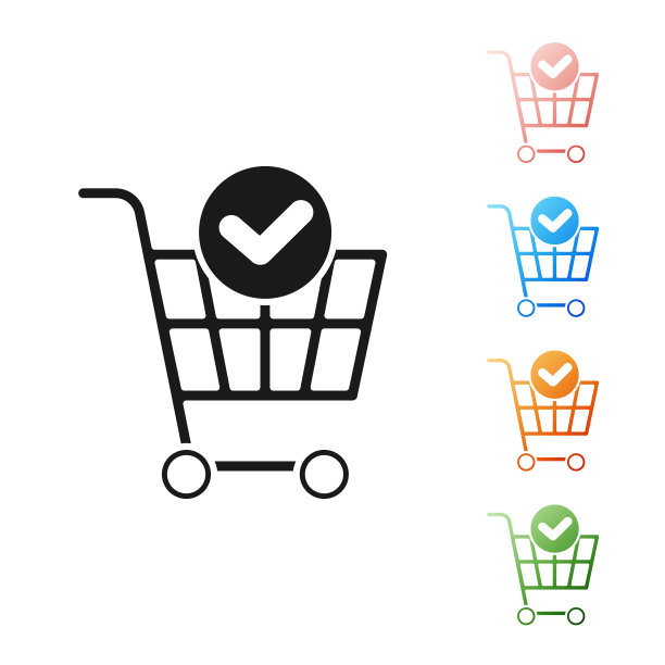 黑色购物车与复选标记图标隔离在白色背景。超市购物篮与批准，确认，完成，勾，完成。设置图标丰富多彩。矢量图图片下载