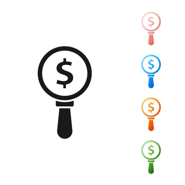黑色放大镜和美元符号图标孤立在白色背景。找到钱。寻找钱。设置图标丰富多彩。矢量图图片下载