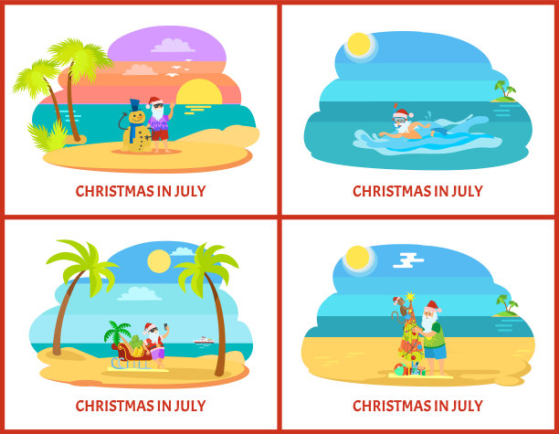 7月圣诞站在圣诞老人附近的物体向量图片下载