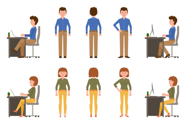 快乐，友好的上班族男女矢量插图。正面，侧面，背面的观点站着，坐在桌子上，打字在笔记本电脑上，微笑的男孩和女孩卡通人物设置在白色图片下载