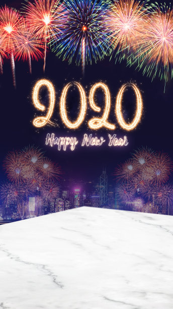快乐的2020年烟花在城市景观在晚上与空大理石桌面，垂直横幅模拟模板显示或蒙太奇的产品为假日广告图片下载