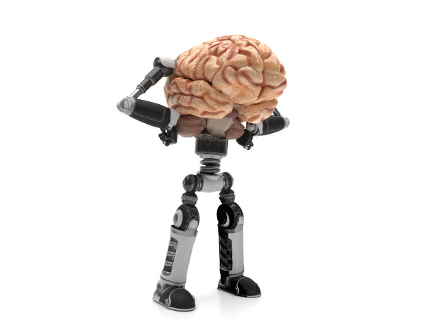 机器人的手臂、腿和一个活生生的人类大脑被隔离在白色背景上。人工智能和人体器官。概念创意图像与复制空间。3 d渲染。图片下载