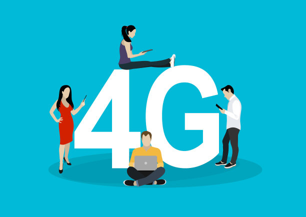 人们坐在4G的标志上。沉迷于网络的人概念插图的年轻男女通过移动智能手机使用4G高速无线连接图片下载