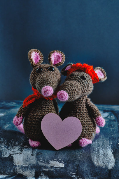 可爱的手工制作的amigurumi老鼠夫妇与粉红色的心。带有拷贝空间的照片。情人节，2月14日，爱情，关系概念图片下载