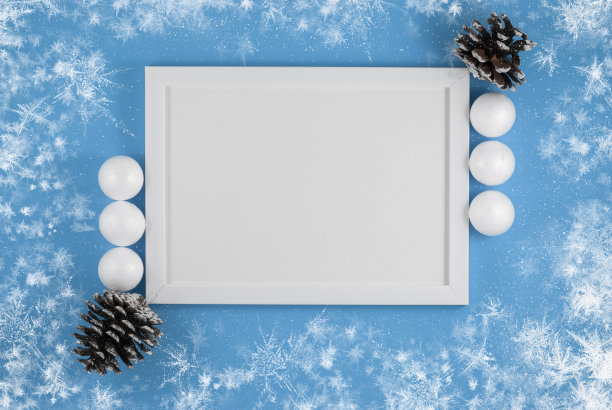 白色框架白色球和松果在蓝色背景。平的。方模型。请柬或贺卡图片下载