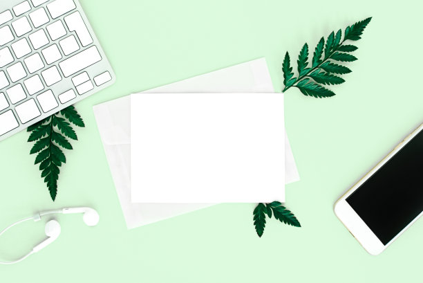 Flatlay概念环保桌面。绿松石背景，白色键盘，电话，耳机和蕨叶。模拟。本空间图片下载