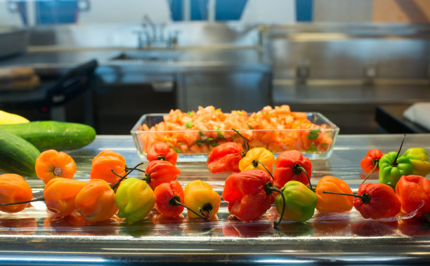 一间商业厨房的柜台上放着苏格兰胡椒图片下载