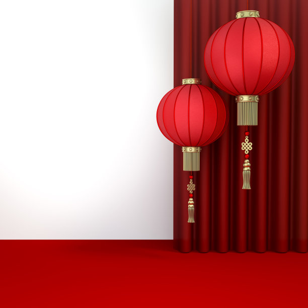 中国灯笼与背景红幕背景在舞台上3d渲染。图片下载