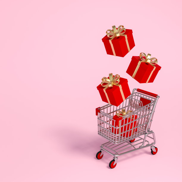 红色礼盒与金色丝带浮动在购物车与粉色背景3d渲染。3d插图祝福幸福，繁荣和长寿。中国新年的节日。素材图片