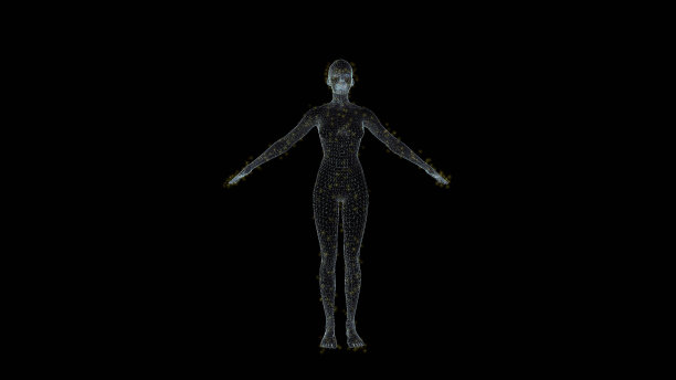 人类女性身体全息图线框。漂亮的3D渲染在一个黑色的背景图片下载