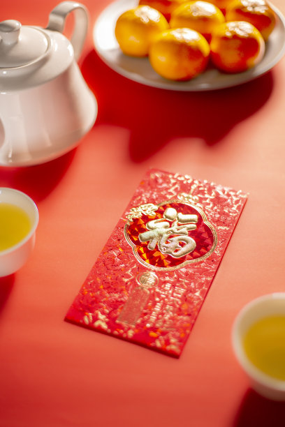 中国新年食品和饮料静物，配有红包素材图片
