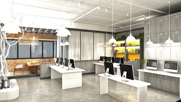 现代办公室和工作空间的3d渲染图片下载