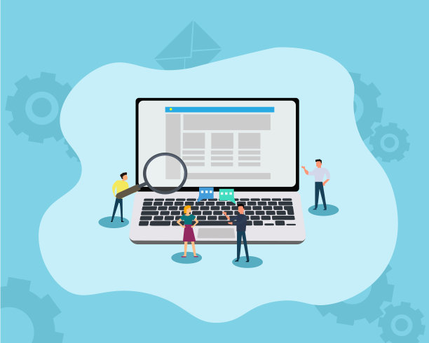 年轻人使用笔记本电脑、平板电脑进行社交网络和写博客的概念插图。扁平设计的人和商人旁边的大笔记本电脑。图片下载