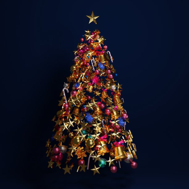 装饰物在圣诞树形状的装饰漂浮在蓝色的背景。图片下载