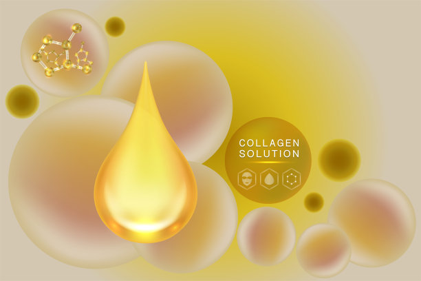 透明质酸皮肤液广告，黄金胶原蛋白血清滴与化妆品广告背景随时使用图片下载
