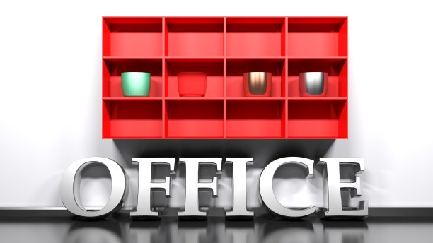 红色挂架上现代花瓶和书写办公室在地板上- 3D渲染插图图片下载