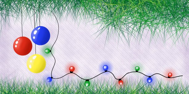 圣诞和新年背景彩球和灯泡花环。云杉树枝的程式化形象。图片下载
