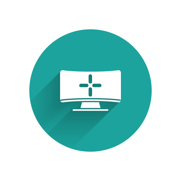 白色电脑显示器图标与长阴影隔离。电脑组件的信号。绿色圆圈按钮。矢量图图片下载