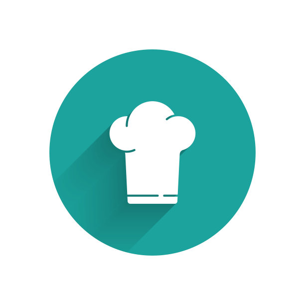 白色厨师帽图标孤立与长影子。烹饪的象征。厨师的帽子。绿色圆圈按钮。矢量图图片下载