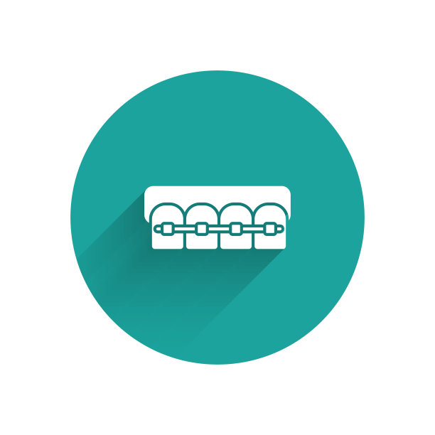 白色牙齿与牙套图标孤立与长影子。牙齿的咬合，牙排用牙套排列。牙科的概念。绿色圆圈按钮。矢量图图片下载