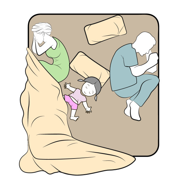 孩子躺在父母之间的床上。家里有孩子。矢量插图。图片下载