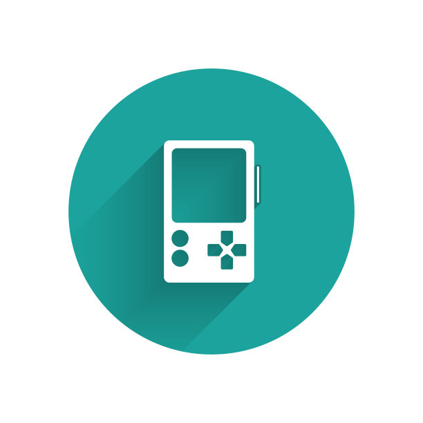 白色便携式视频游戏机图标与长影子隔离。手柄的迹象。游戏的概念。绿色圆圈按钮。矢量图图片下载