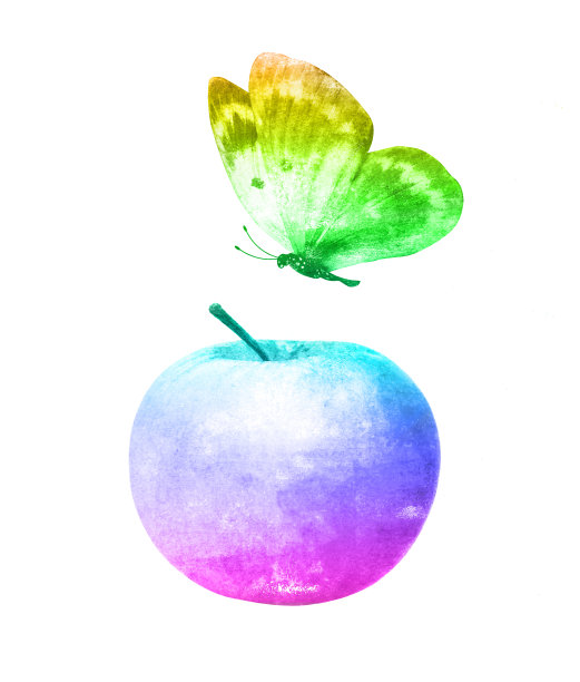 水彩苹果与蝴蝶孤立的白色背景。t图片下载