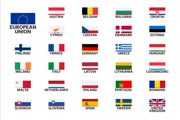 设置欧盟国家的旗帜，欧盟成员国，矢量图孤立在白色背景图片下载