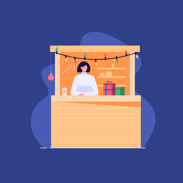 快乐的女人在圣诞集市的摊位上卖礼品盒。圣诞市场，冬季集市，季节性购物概念旗帜。矢量插图在平面设计。图片下载