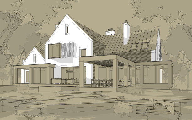 池塘上现代熟料房的3d渲染，工艺背景上有水池黑线图片下载