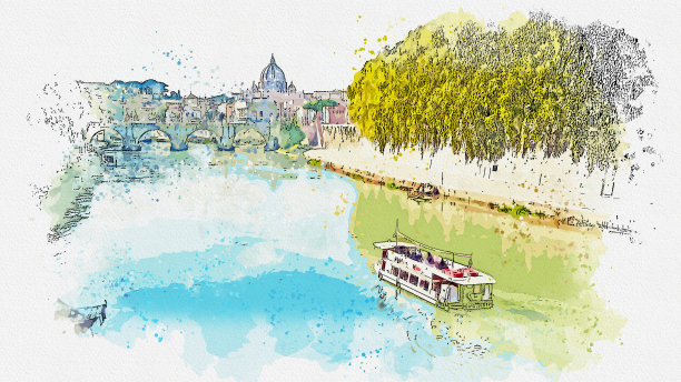 意大利罗马著名地标圣彼得大教堂的水彩画。图片下载