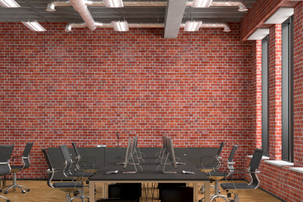 在办公室内部的空白白色砖墙模拟。图片下载