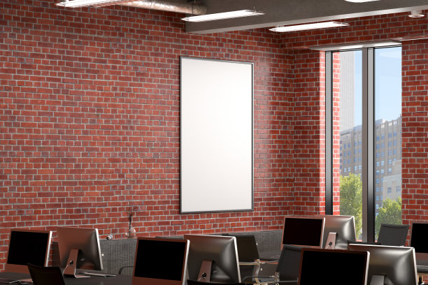 空白海报模拟在墙上的办公室内部图片下载