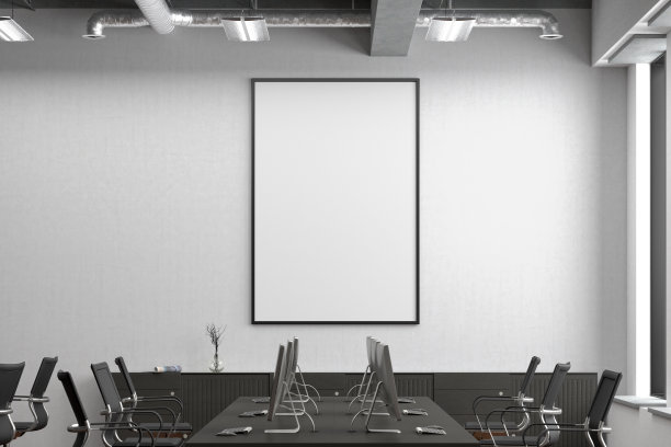 空白海报模拟在墙上的办公室内部图片下载