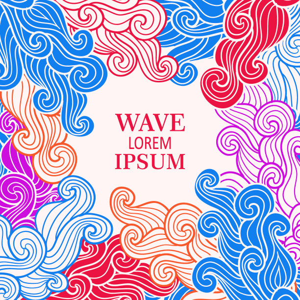贺卡。带有波浪装饰的请帖。旗帜,装饰。用卷发做的插图。海的设计。图片下载