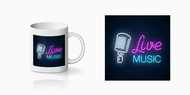 霓虹灯夜总会与现场音乐陶瓷杯模型。卡拉ok夜总会品牌标识设计标志图片下载